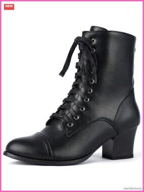 Victorian Ankle Boots Lace Up Side Zipper Block Chunky Mid Heel